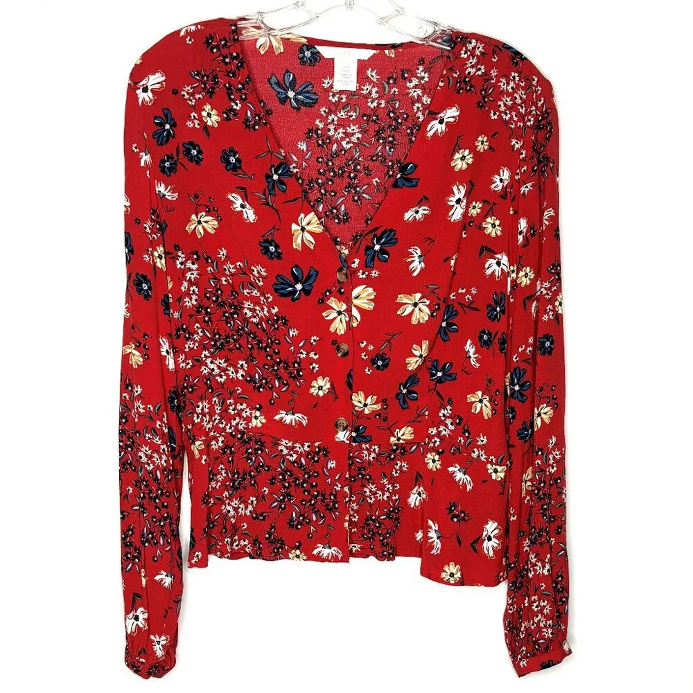 H&M Floral Long Sleeve Button Front Peplum Blouse, Size 8 - Picture 1 of 9
